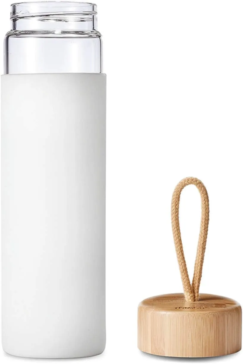 20 Oz Borosilicate Glass Water Bottle with Bamboo Lid and Silicone Sleeve – Reusable BPA Free Drinking Bottle with Lids - Cute Bottle for Women - Glass Shaker Bottle (White)