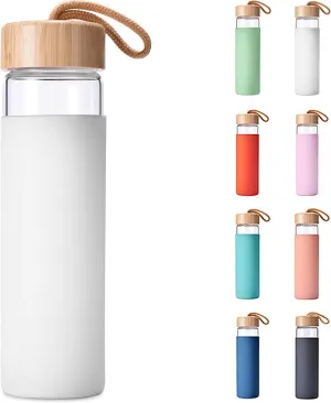 20 Oz Borosilicate Glass Water Bottle with Bamboo Lid and Silicone Sleeve – Reusable BPA Free Drinking Bottle with Lids - Cute Bottle for Women - Glass Shaker Bottle (White)