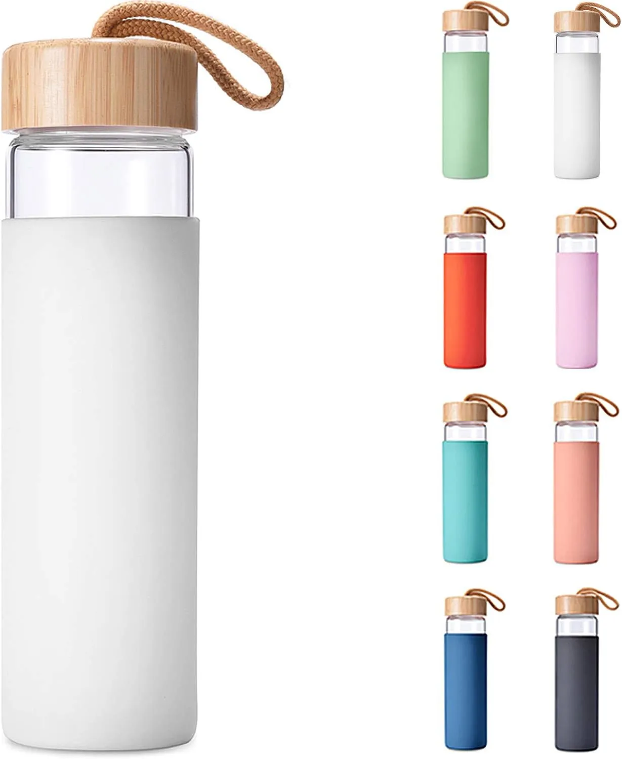 20 Oz Borosilicate Glass Water Bottle with Bamboo Lid and Silicone Sleeve – Reusable BPA Free Drinking Bottle with Lids - Cute Bottle for Women - Glass Shaker Bottle (White)