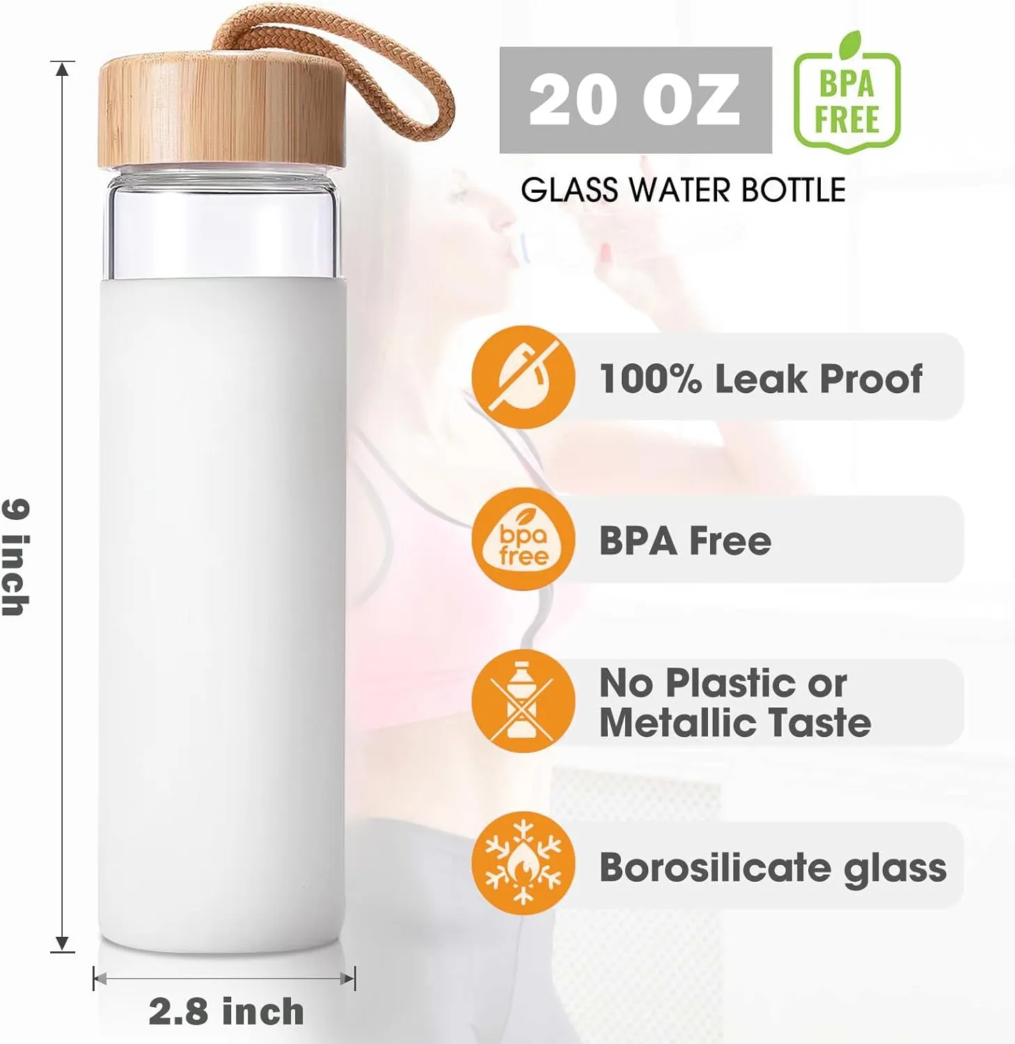 20 Oz Borosilicate Glass Water Bottle with Bamboo Lid and Silicone Sleeve – Reusable BPA Free Drinking Bottle with Lids - Cute Bottle for Women - Glass Shaker Bottle (White)