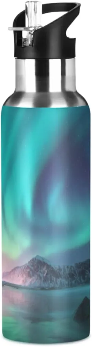 20 OZ Northern Lights Water Bottle with Straw, Sports Water Bottle BPA Free Stainless Steel Water Jugs for Gym, Kitchen, Working, Outdoor（260）