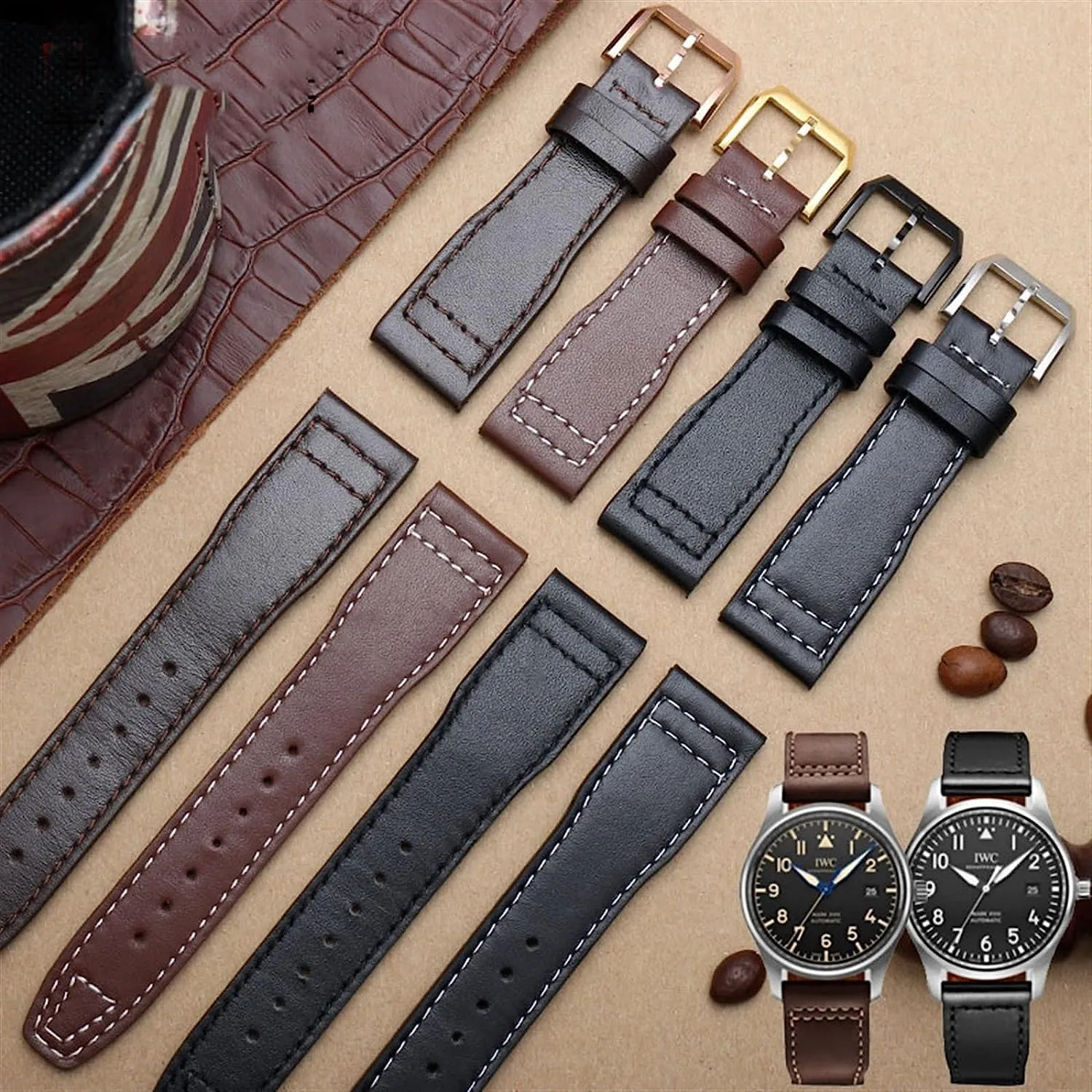 20mm 21mm Calf Genuine Leather Watchband for IWC Pilot Mark XVIII IW327004 IW377714 Watch Strap Brown Black Men Bracelet