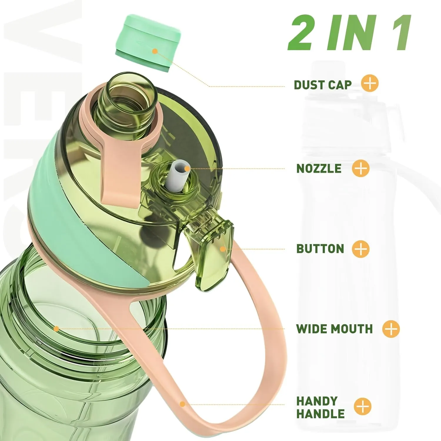 22OZ Misting Water Bottle, 2-in-1 Mist and Sip Water Bottles, Mist Water Bottle for Drinking, Great for Hiking/Running/Outdoor Activity, BPA-Free & Leakproof, Green