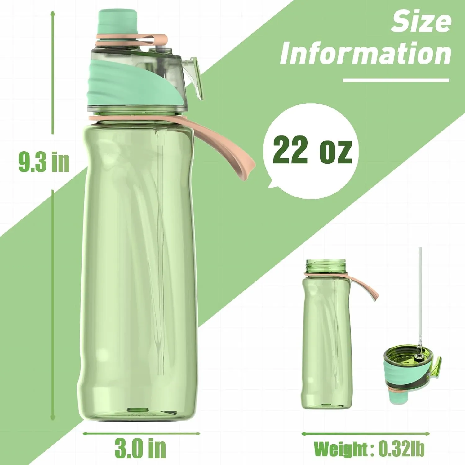 22OZ Misting Water Bottle, 2-in-1 Mist and Sip Water Bottles, Mist Water Bottle for Drinking, Great for Hiking/Running/Outdoor Activity, BPA-Free & Leakproof, Green