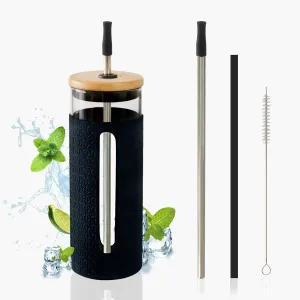 24 Oz Reusable Boba Cup with Bamboo Lid | 2 Straw With Silicon Tip and Cleaning Brush | Smoothie cup glass tumbler with straw and lid bamboo | Glass Boba Cup with Sleeve