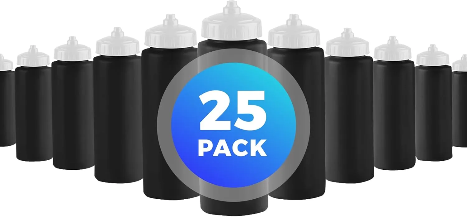25-Pack, 32 oz Water Bottles, BPA Free Squeeze Bottle, Black Water Bottle with White Lid, Made in USA by Gary Plastic Packaging