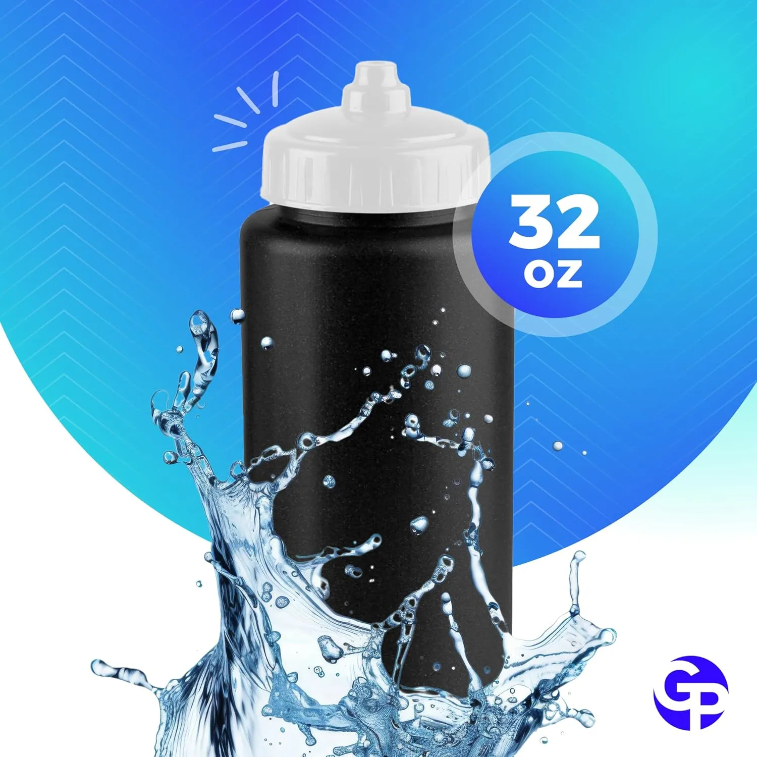 25-Pack, 32 oz Water Bottles, BPA Free Squeeze Bottle, Black Water Bottle with White Lid, Made in USA by Gary Plastic Packaging