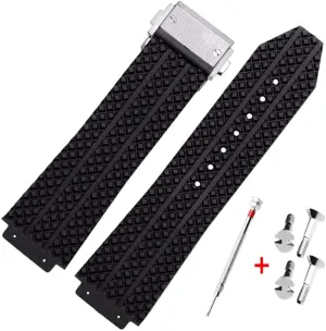 25mm Rubber Watch Strap with Replacement Band Tool for Hublot Big Bang (Black Particle - Silver Buckle)