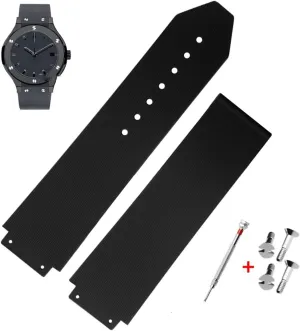 25mm Rubber Watch Strap with Replacement Band Tool for Hublot Big Bang (Black Stripe - No Buckle)