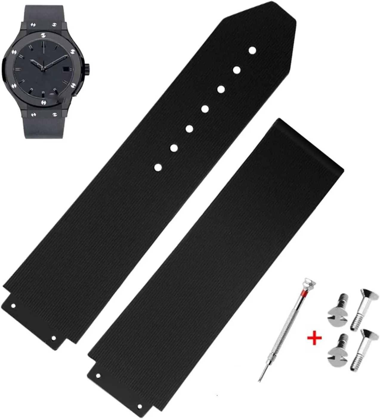 25mm Rubber Watch Strap with Replacement Band Tool for Hublot Big Bang (Black Stripe - No Buckle)