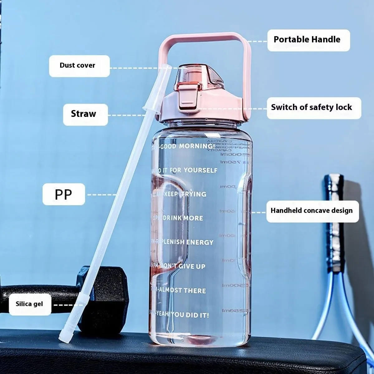 2L/2000ml Water Bottle with Time Markers, BPA-Free, Leak-Proof Straw Lid, Easy Carry Handle, Ideal for Fitness, Hiking, Travel, and Daily Hydration Goals (Black)