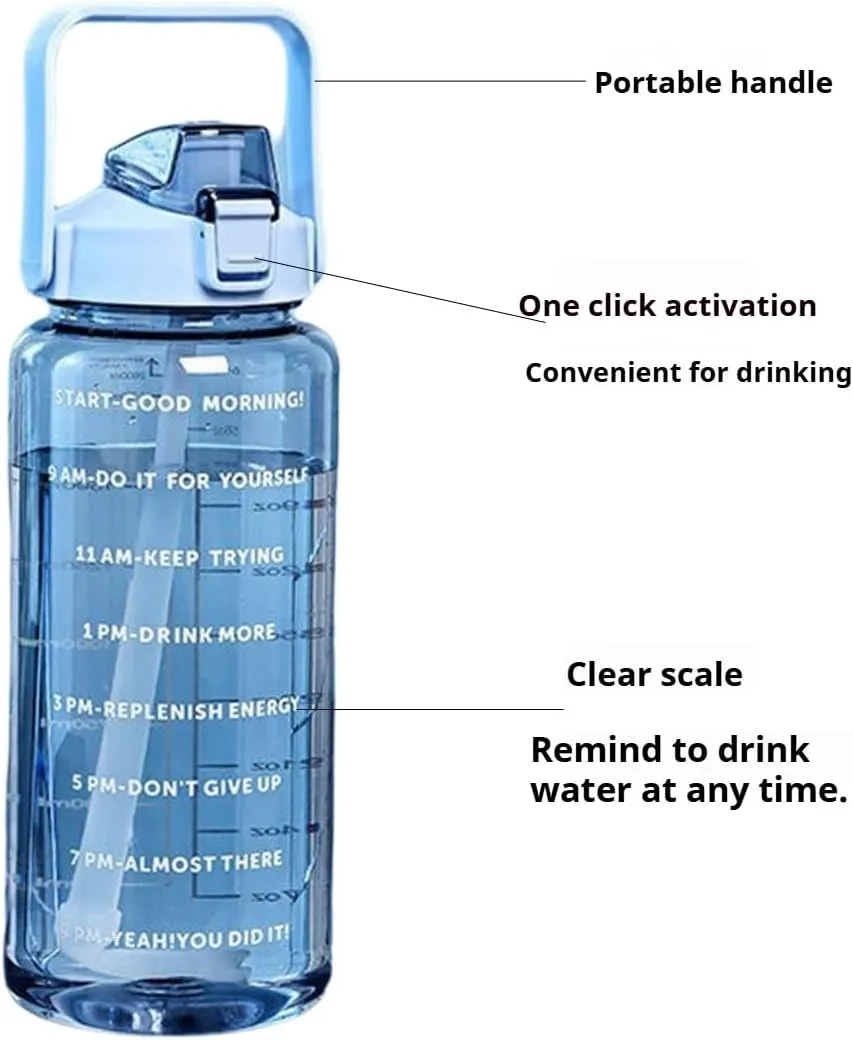 2L/2000ml Water Bottle with Time Markers, BPA-Free, Leak-Proof Straw Lid, Easy Carry Handle, Ideal for Fitness, Hiking, Travel, and Daily Hydration Goals (Black)