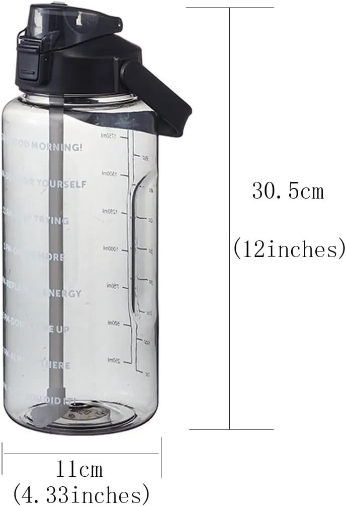 2L/2000ml Water Bottle with Time Markers, BPA-Free, Leak-Proof Straw Lid, Easy Carry Handle, Ideal for Fitness, Hiking, Travel, and Daily Hydration Goals (Black)
