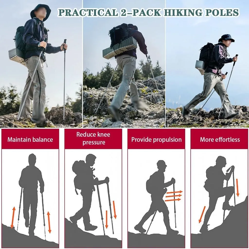 2pc Folding Ultralight Hiking Poles, Walking Sticks for Balance and Rehab, Travel Trekking Poles, 7075 Aluminum Alloy