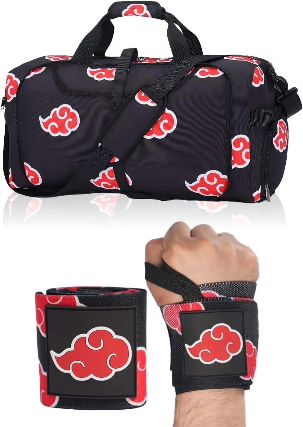 2pcs Anime Gym Bag for Women Men and Wrist Wrap Set - Foldable 55L Large Workout Duffle Bag with Shoe Compartment, 24" Lifting Straps Weightlifting, Powerlifting, and Improve Workout (Akat)
