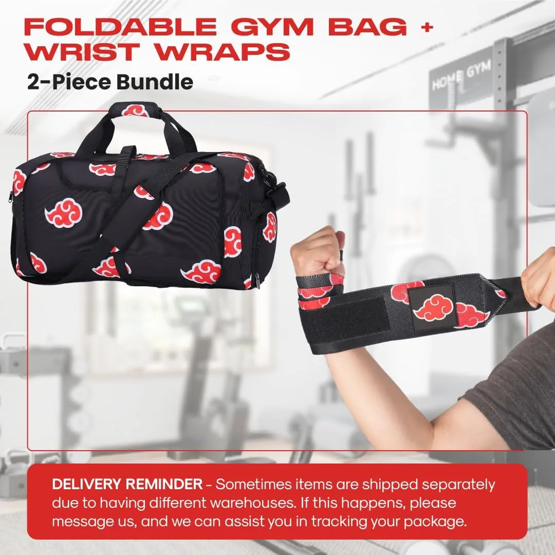 2pcs Anime Gym Bag for Women Men and Wrist Wrap Set - Foldable 55L Large Workout Duffle Bag with Shoe Compartment, 24" Lifting Straps Weightlifting, Powerlifting, and Improve Workout (Akat)