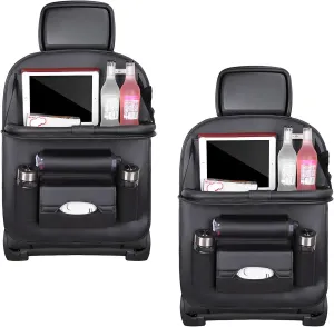 2PCS Car Backseat Organizer, Leather Multi-Pocket Seat Back Protector with Foldable Table Tray, Multifunctional Vehicle Storage Organizer Kick Mat for Kids Toddler Travel (Black)