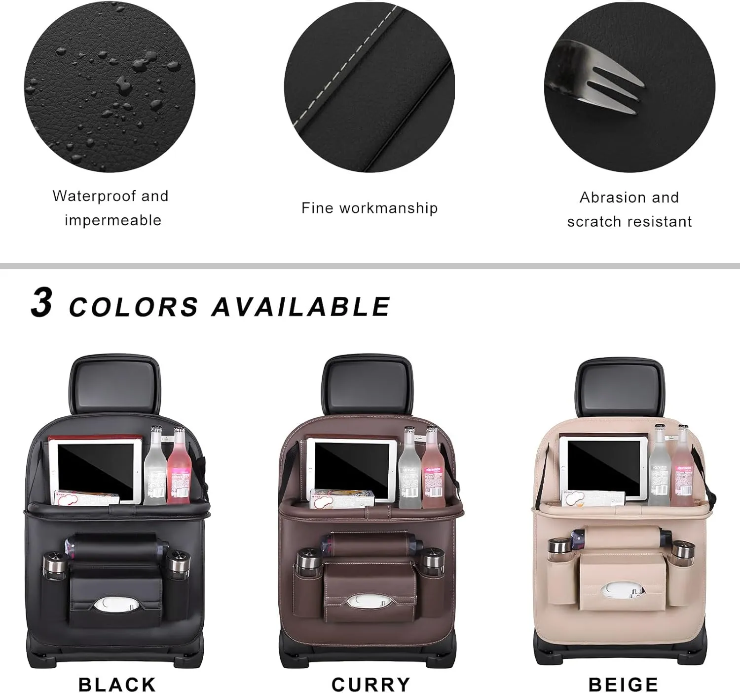 2PCS Car Backseat Organizer, Leather Multi-Pocket Seat Back Protector with Foldable Table Tray, Multifunctional Vehicle Storage Organizer Kick Mat for Kids Toddler Travel (Black)