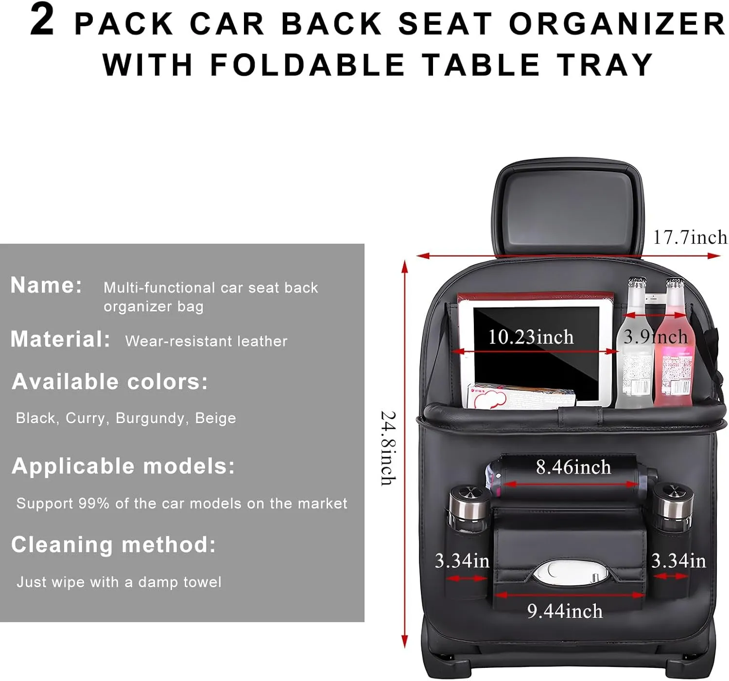 2PCS Car Backseat Organizer, Leather Multi-Pocket Seat Back Protector with Foldable Table Tray, Multifunctional Vehicle Storage Organizer Kick Mat for Kids Toddler Travel (Black)
