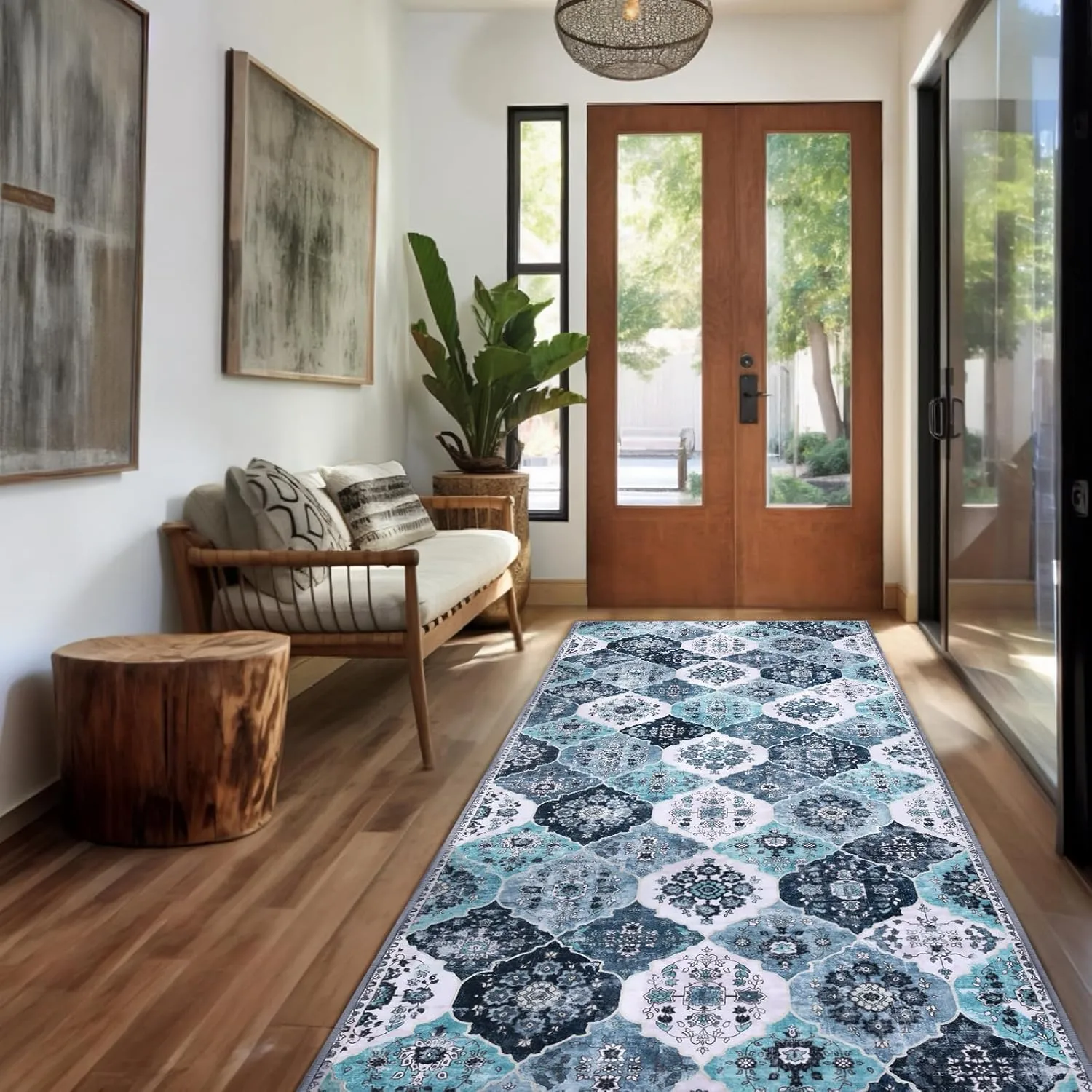 2x6 Runner Rug, Washable Boho Kitchen Rug, Moroccan Trellis Rugs Hallway Runner, 6 Feet Non Slip Ultra-Thin Runner Rugs Carpet Bedroom Kitchen (001-Blue White/Multi, 2x6)