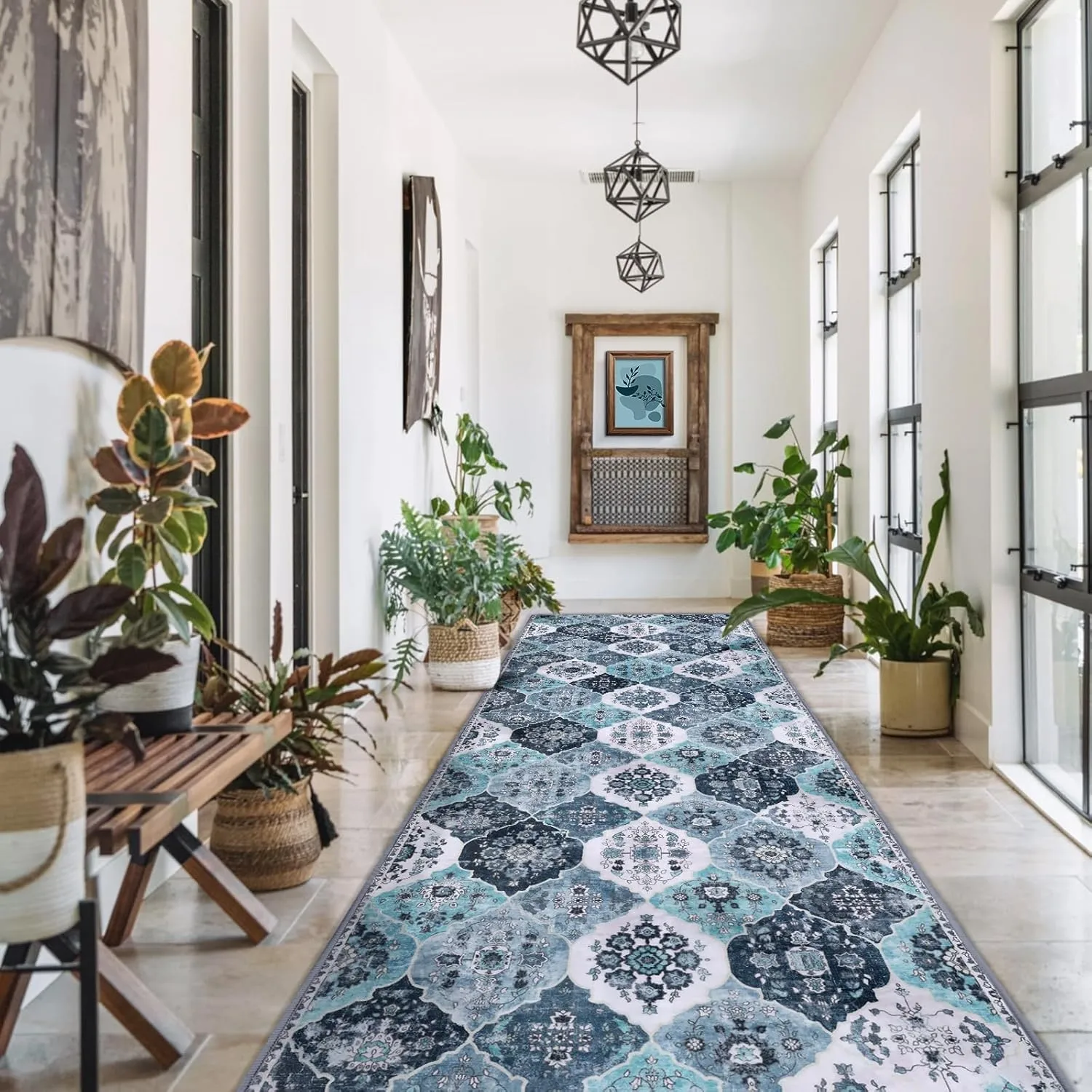 2x6 Runner Rug, Washable Boho Kitchen Rug, Moroccan Trellis Rugs Hallway Runner, 6 Feet Non Slip Ultra-Thin Runner Rugs Carpet Bedroom Kitchen (001-Blue White/Multi, 2x6)