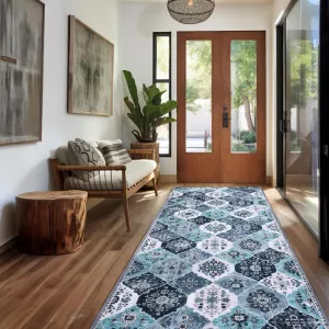 2x6 Runner Rug, Washable Boho Kitchen Rug, Moroccan Trellis Rugs Hallway Runner, 6 Feet Non Slip Ultra-Thin Runner Rugs Carpet Bedroom Kitchen (001-Blue White/Multi, 2x6)