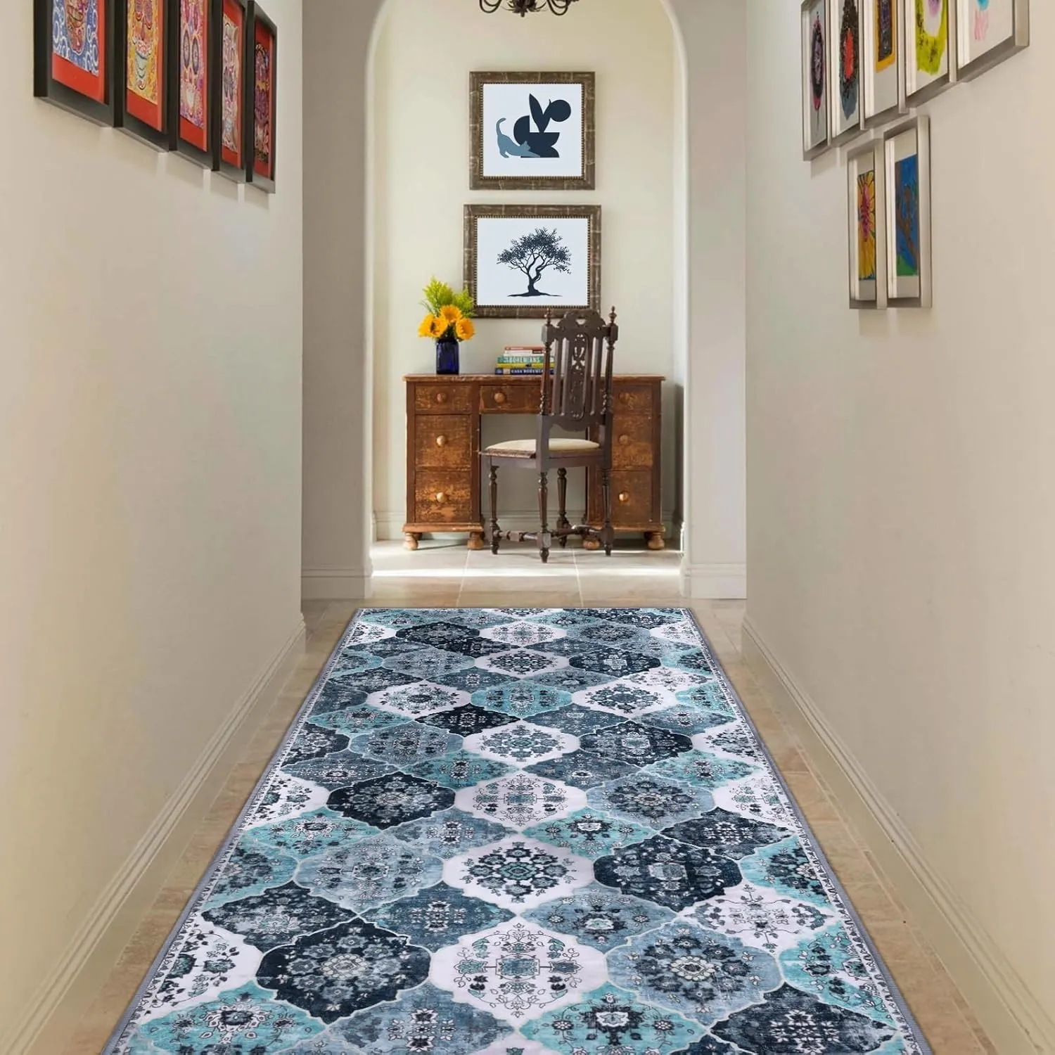 2x6 Runner Rug, Washable Boho Kitchen Rug, Moroccan Trellis Rugs Hallway Runner, 6 Feet Non Slip Ultra-Thin Runner Rugs Carpet Bedroom Kitchen (001-Blue White/Multi, 2x6)
