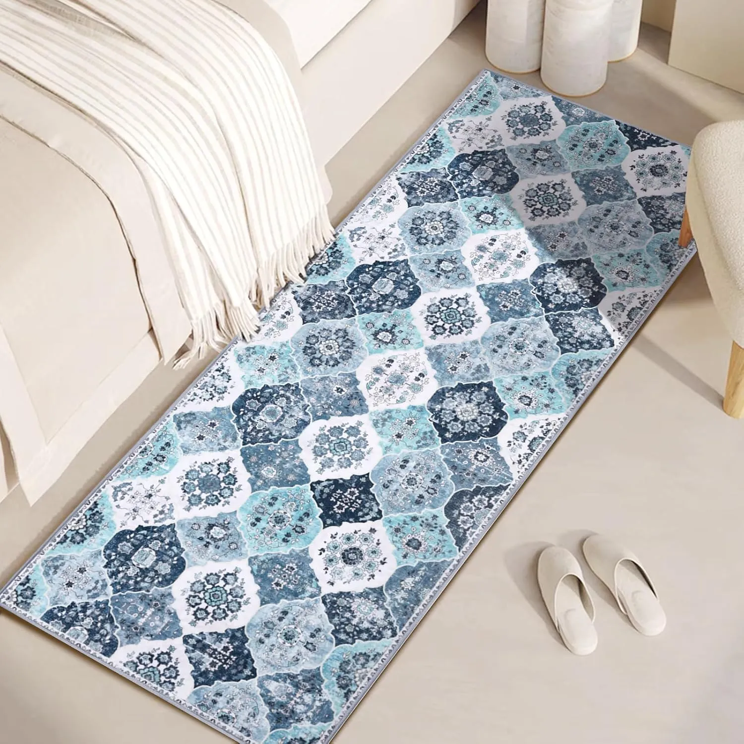 2x6 Runner Rug, Washable Boho Kitchen Rug, Moroccan Trellis Rugs Hallway Runner, 6 Feet Non Slip Ultra-Thin Runner Rugs Carpet Bedroom Kitchen (001-Blue White/Multi, 2x6)