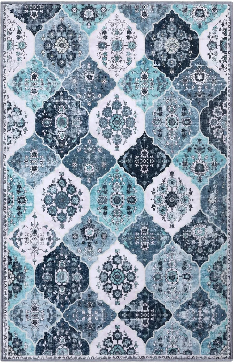 2x6 Runner Rug, Washable Boho Kitchen Rug, Moroccan Trellis Rugs Hallway Runner, 6 Feet Non Slip Ultra-Thin Runner Rugs Carpet Bedroom Kitchen (001-Blue White/Multi, 2x6)
