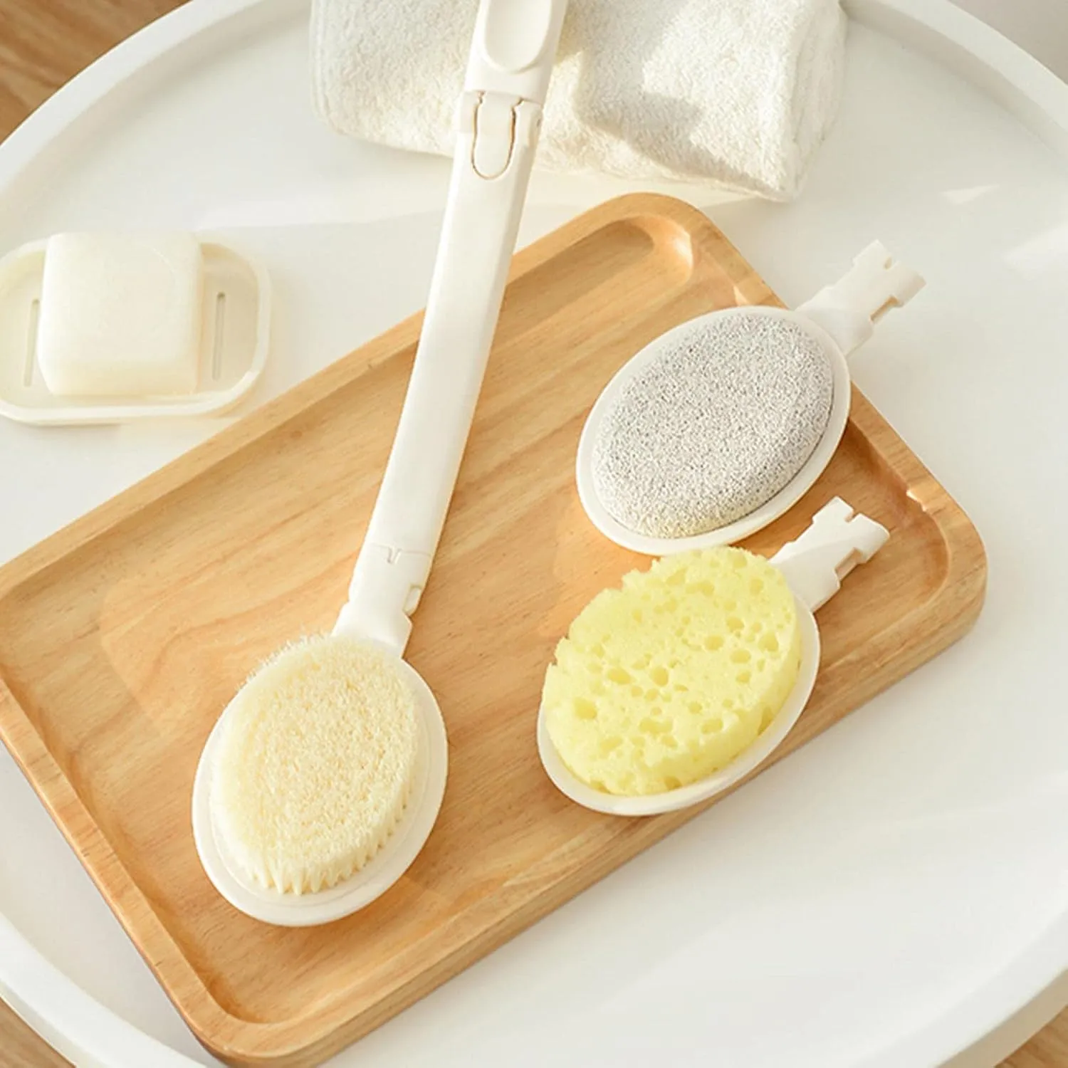 3 in 1 Back Scrubber for Shower Foladble Ergonomic Long Handle Back Shower Bursh Set Soft Bristles Scrubber Bath Sponge Foot Exfoliation Bath Body Cleansing (1 Set)