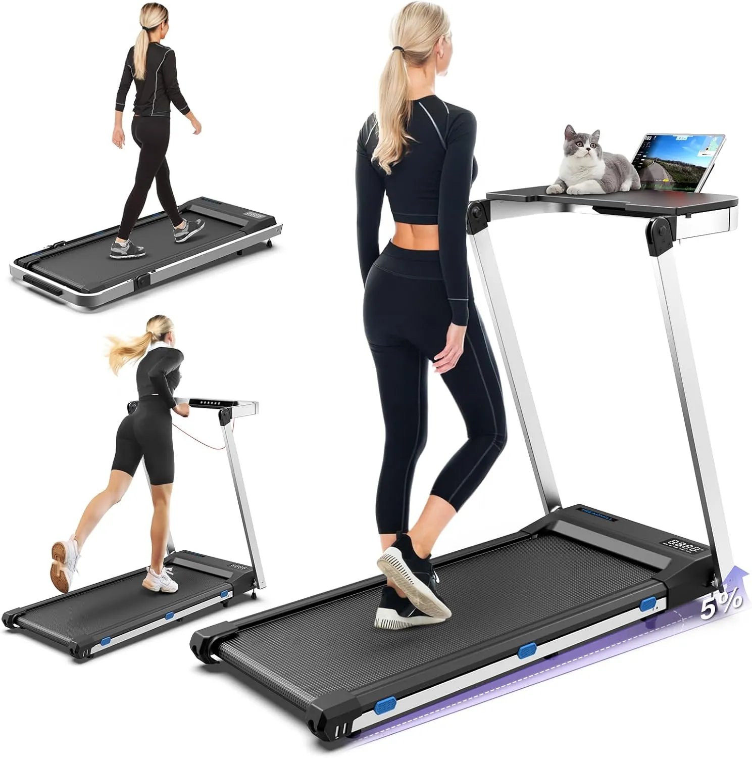 3 in 1 Foldable Treadmill with Desk Workstation - 3.0HP & 350 lb Capacity, Under Desk Treadmill with Incline for Home Small, Smart Voice Control & App & Remote Control, 2s Folding