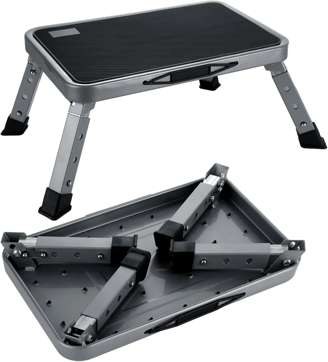 3-Level Height Adjustable Step Stool, Folding Carbon Steel RV Step Stool for Adults, Portable Step Ladder with Carry Handle，330 lbs Capacity, Gray