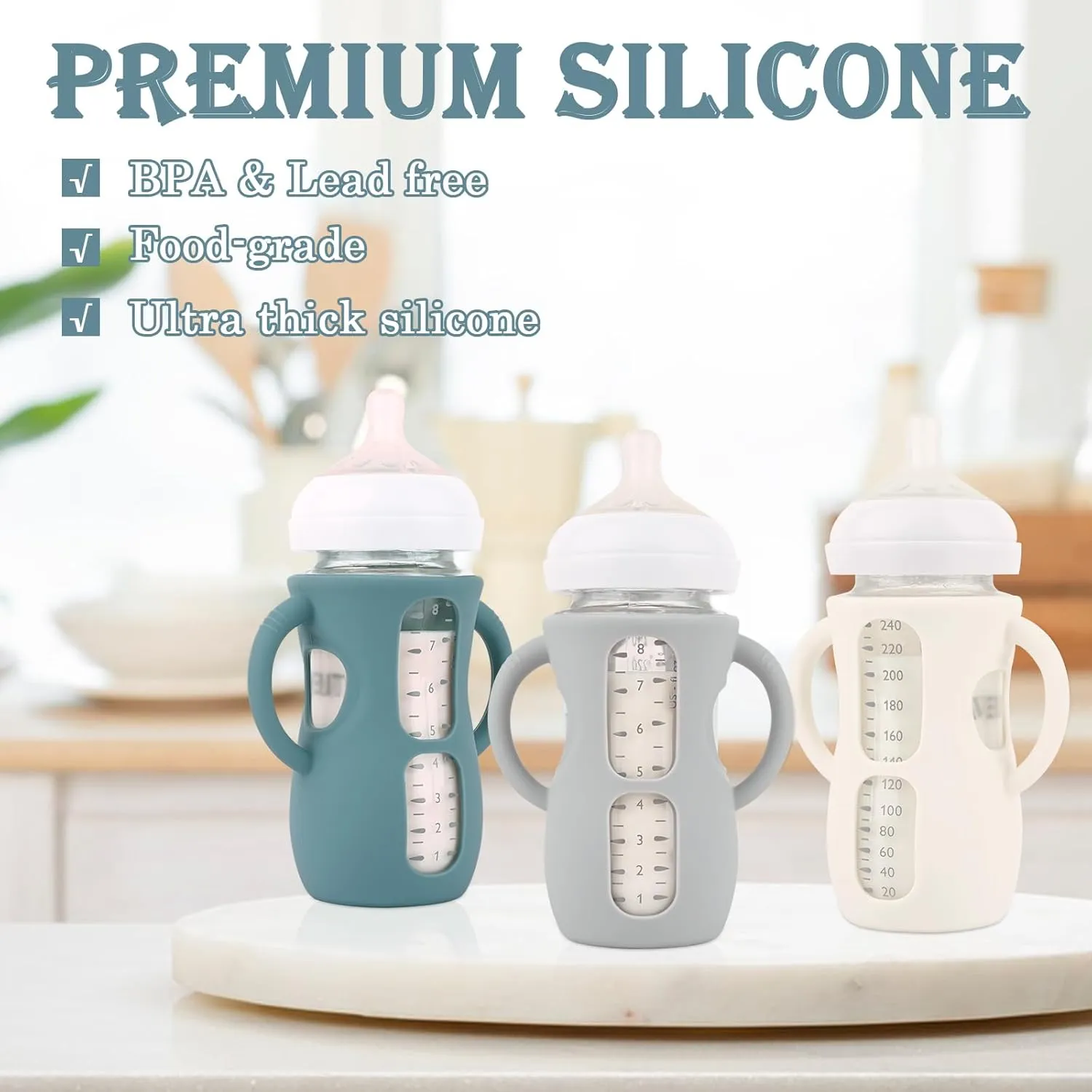 3 Pack Silicone Sleeves with Handles for Avent Natural Glass Baby Bottles, Anti Breakage Baby Bottle Holder, Compatible Philips Avent Glass Natural Baby Bottle 8 oz