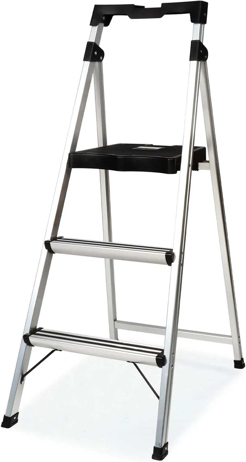 3 Step Ladder Folding Step Stool, 7.4 Lbs Aluminum Step Ladder Max Load 900lbs | Anti-Bump & Wide Non-Slip Pedal, Tool Tray, Safety Lock | Home, Office, Kitchen | Collapsible & Portable
