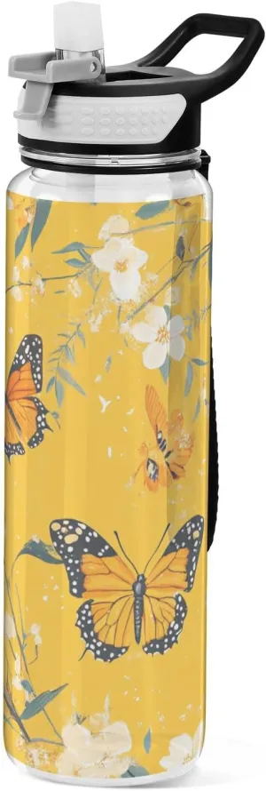 30 oz beautiful Butterfly Flower Yellow Water Bottle with Soft Straw Tritan No BPA non toxic Water Jug with Handle for Walking Cycling Collapsible