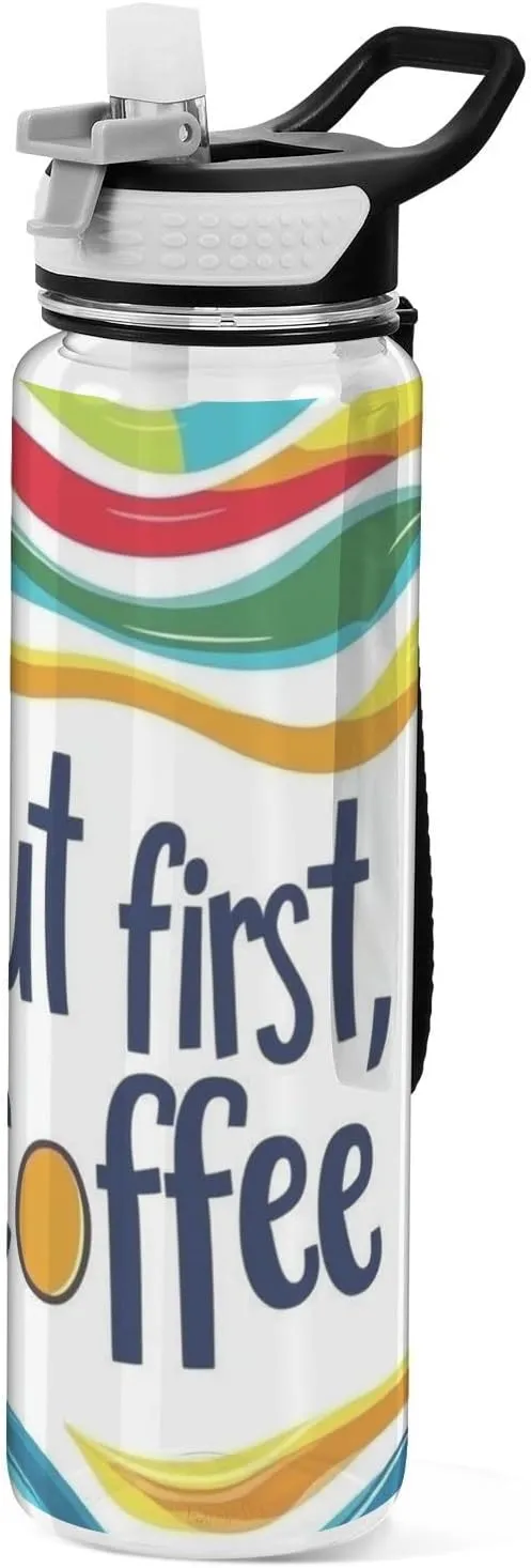 30 oz cartoon colorful water ripples but first coffee Water Bottle with Spout Lid Tritan Clear BPA Free non toxic Water Jug for Camping Gym Collapsible