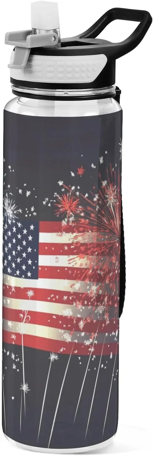 30 oz Vintage American flag black firework Water Bottles Wide Mouth Tritan BPA Free non toxic Water Bottle Jug for Car Cup Fitness Collapsible