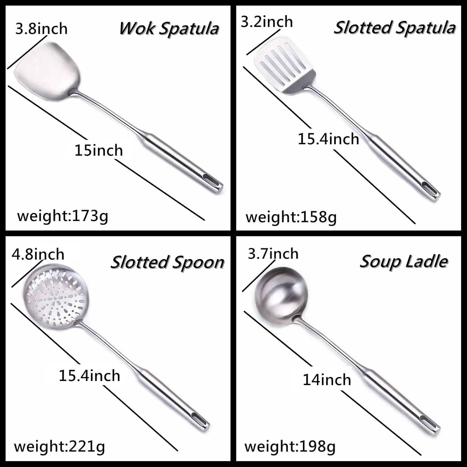 304 Stainless Steel Cooking Utensil Set 4-Piece Kitchen Utensils with Extra-Long Handles, Spatula,Ladle,Slotted Spoon,Slotted Spatula,One-Piece Construction, Ideal for Wok, Grilling, and Gifting