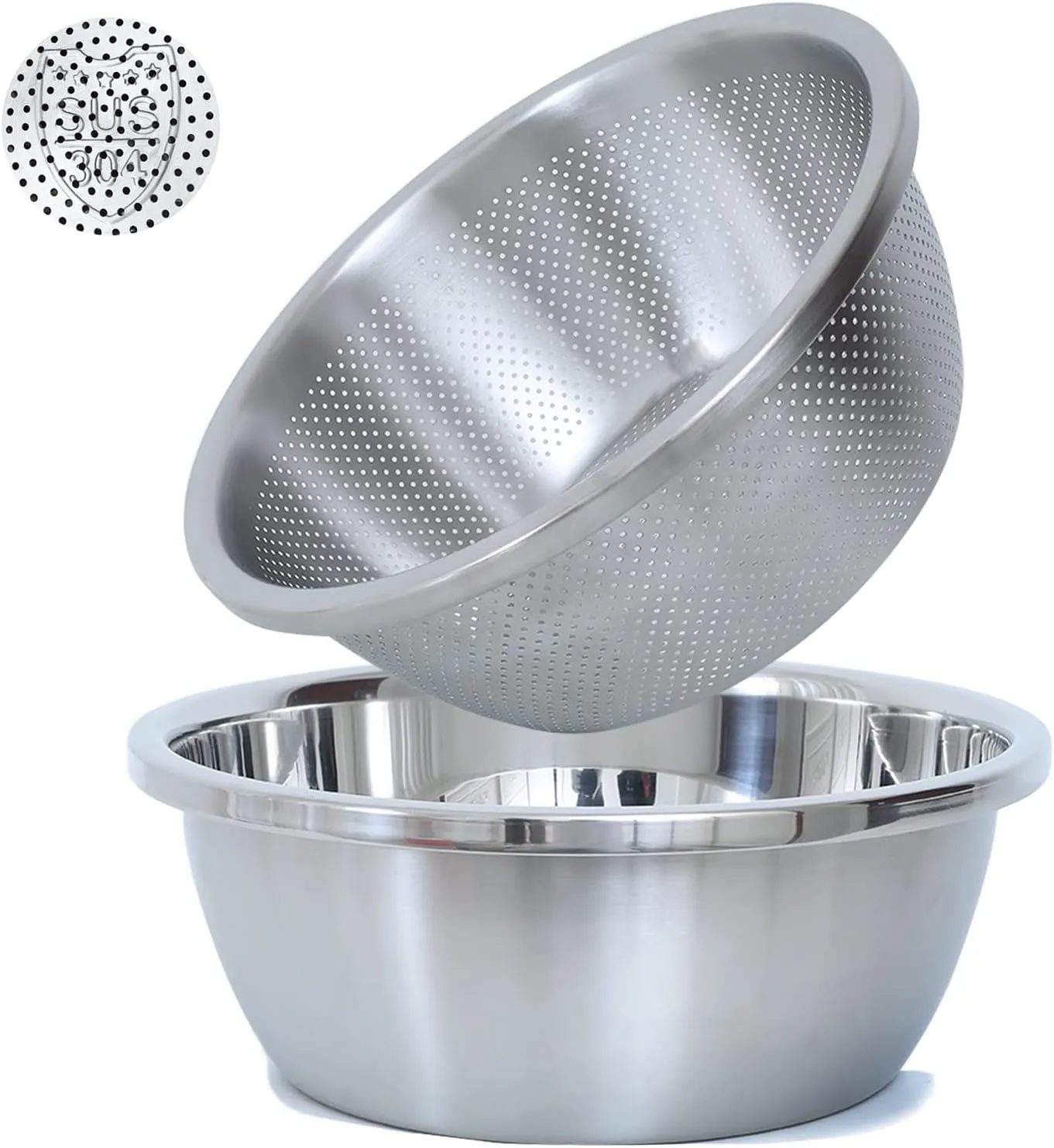 304 Stainless Steel Microporous Colander, 2.5QT Large Capacity with Mixing Bowl For washing vegetables, fruit and rice and for draining cooked pasta(2PC)