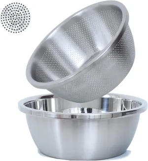 304 Stainless Steel Microporous Colander, 2.5QT Large Capacity with Mixing Bowl For washing vegetables, fruit and rice and for draining cooked pasta(2PC)