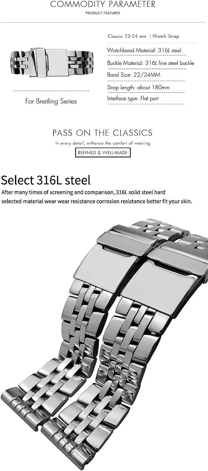 316L Stainless Steel Watch Strap For Breitling Premier Avenger Super Ocean Metal Wrist Bracelets Bands 20mm 22mm 24mm