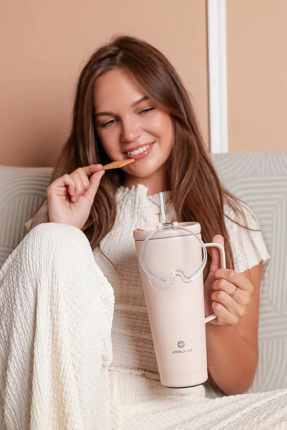 32 OZ 2 in 1 Stainless Steel Insulated Snack Tumbler With Handle, 2 Lids, Straw for Water, Coffee, Snack (Pink Beige, 32 OZ)