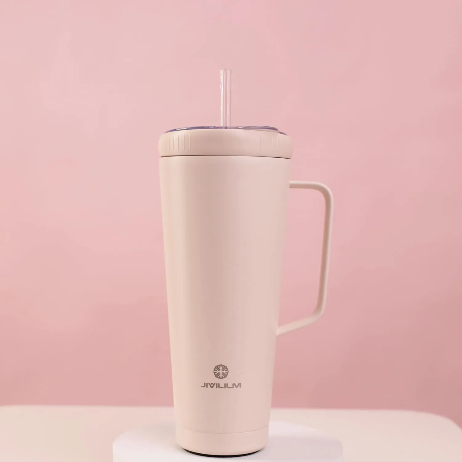 32 OZ 2 in 1 Stainless Steel Insulated Snack Tumbler With Handle, 2 Lids, Straw for Water, Coffee, Snack (Pink Beige, 32 OZ)
