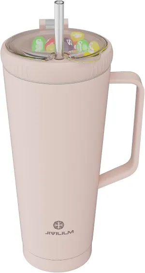 32 OZ 2 in 1 Stainless Steel Insulated Snack Tumbler With Handle, 2 Lids, Straw for Water, Coffee, Snack (Pink Beige, 32 OZ)