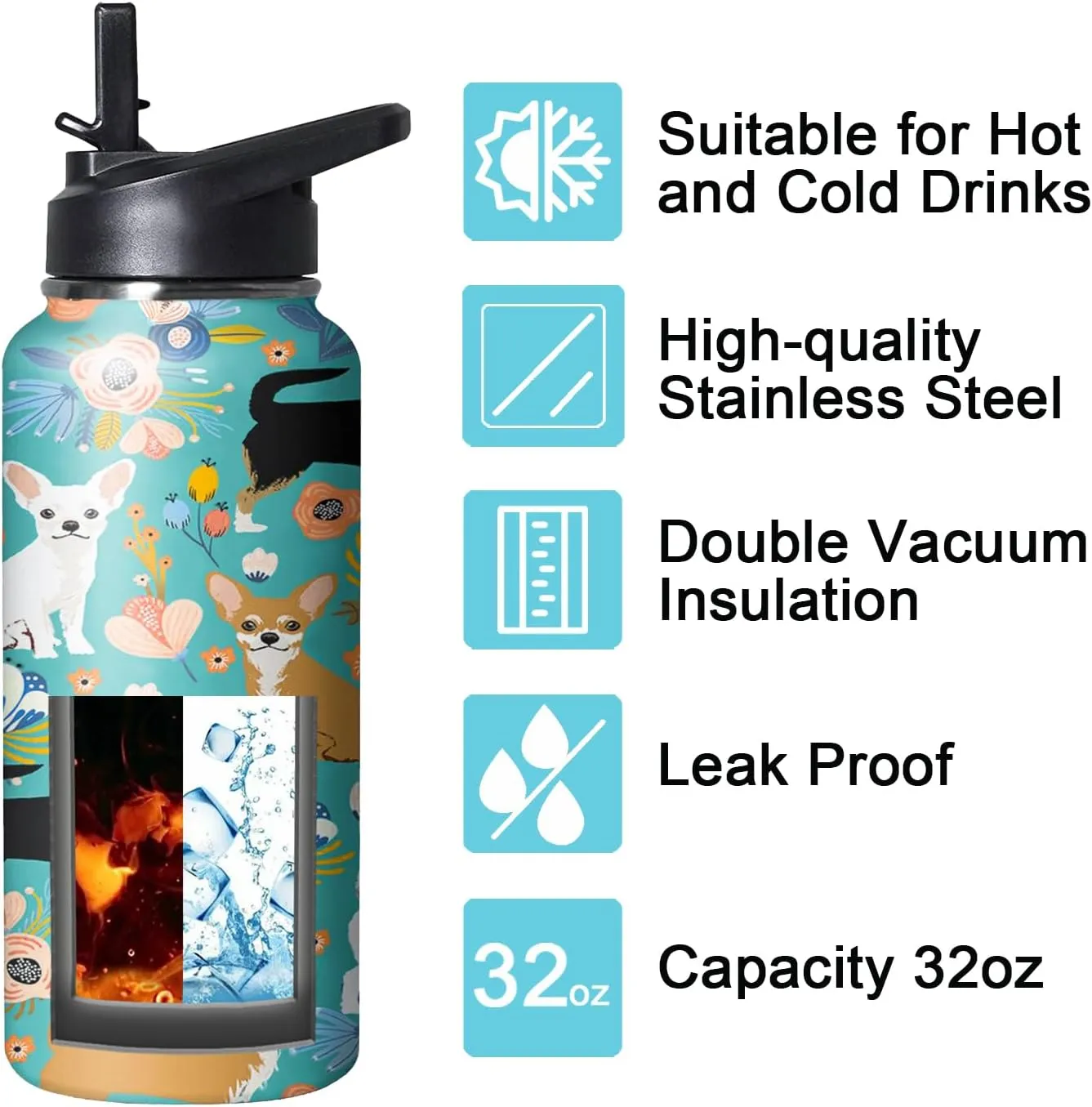 32 oz Chihuahua Water Bottle Cute Dog Tumbler Chihuahua Gifts Insulated Water bottle with Straws and Flip Lid Stainless Steel Dog Travel Cup