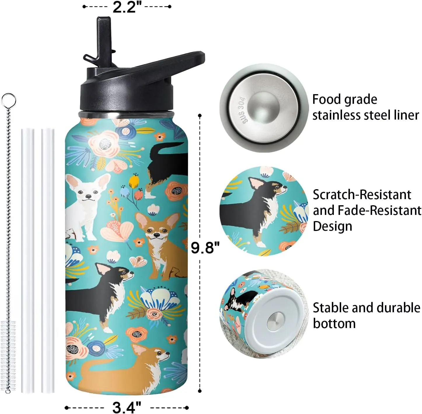 32 oz Chihuahua Water Bottle Cute Dog Tumbler Chihuahua Gifts Insulated Water bottle with Straws and Flip Lid Stainless Steel Dog Travel Cup