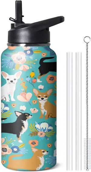 32 oz Chihuahua Water Bottle Cute Dog Tumbler Chihuahua Gifts Insulated Water bottle with Straws and Flip Lid Stainless Steel Dog Travel Cup