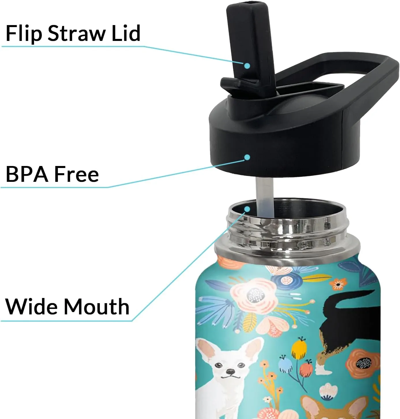 32 oz Chihuahua Water Bottle Cute Dog Tumbler Chihuahua Gifts Insulated Water bottle with Straws and Flip Lid Stainless Steel Dog Travel Cup
