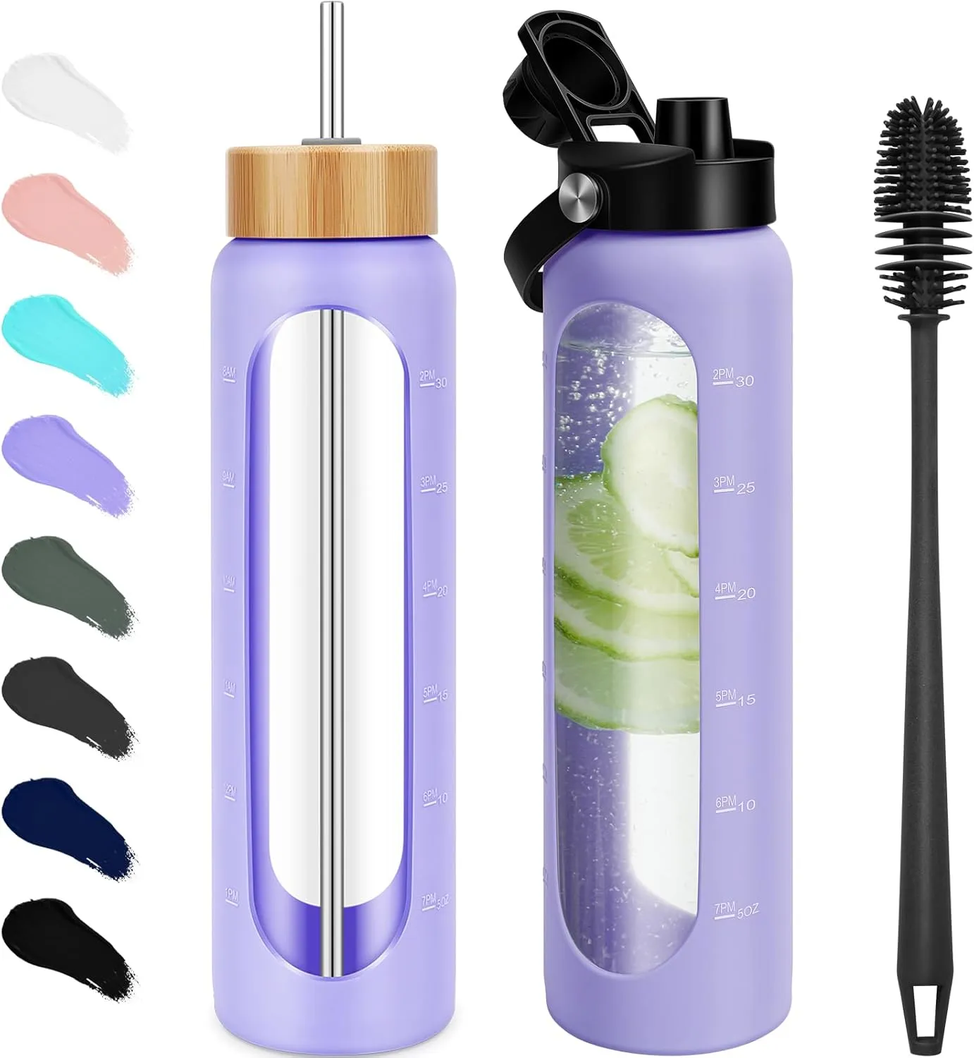 32 oz Glass Water Bottles - 1 Liter Motivational Tumbler Water Bottle Time Marker - Borosilicate Glass Water Bottle With Silicone Sleeve and 2 Lids, Handle Spout & Bamboo Straw Lid