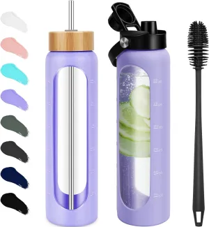 32 oz Glass Water Bottles - 1 Liter Motivational Tumbler Water Bottle Time Marker - Borosilicate Glass Water Bottle With Silicone Sleeve and 2 Lids, Handle Spout & Bamboo Straw Lid